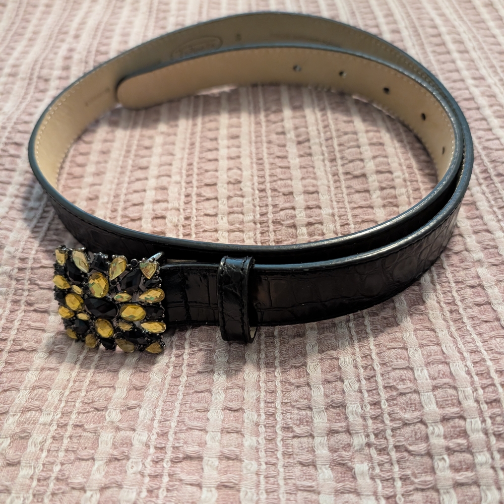 Elegant Black Belt with Yellow Gemstone Buckle
